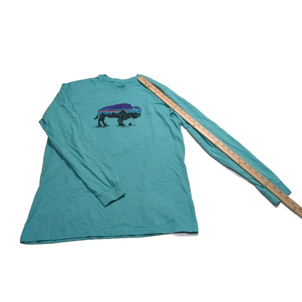 Patagonia Fitz Roy Bison Buffalo Graphic Long Sleeve Shirt Men's Large Teal - Picture 7 of 7